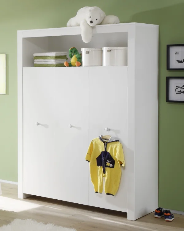 Olja Kleiderschrank Kinderzimmer mit 3 Türen und 1 Ablage, weiss.