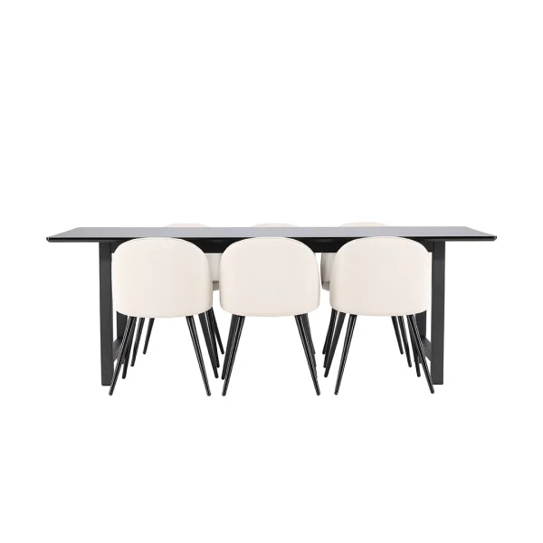 Oslo Essgruppe Esstisch 100x220cm schwarz und 6 Skagen Stuhl samt beige.
