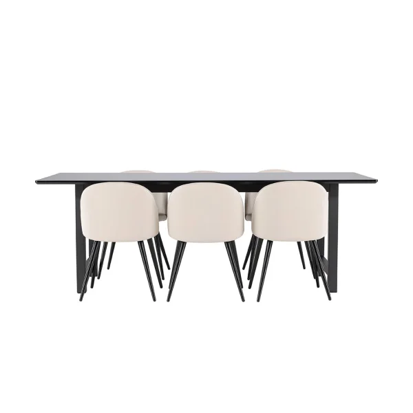 Oslo Essgruppe Esstisch 100x220cm schwarz und 6 Skagen Stuhl velour beige.