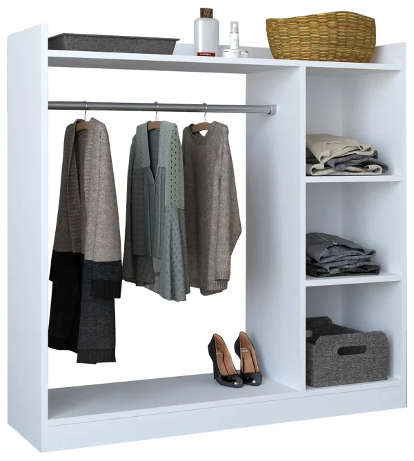 Palosa Kleiderschrank Regal mit Kleiderstange 3 Ablagen weiß.