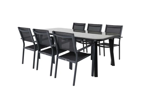 Paola Gartenset Tisch 100x200cm schwarz, 6 Stühle Copacabana schwarz.
