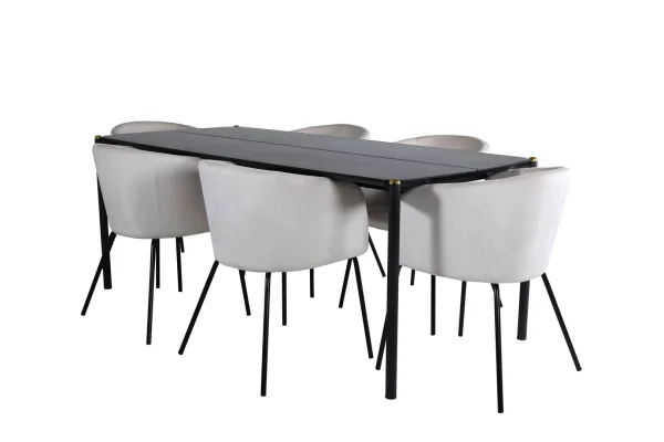 Pelle Essgruppe Esstisch schwarz und 6 Berit Esszimmerstühle Velour beige.