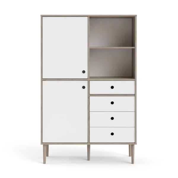 Penny Regal 2 Türen, 4 Schubladen und 2 Fächer Hickory-Dekor und Mattweiß.