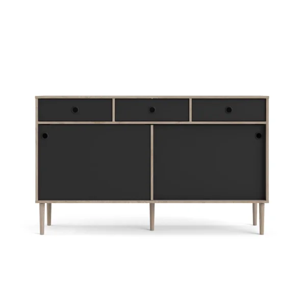 Penny Sideboard 2 Schiebetüren und 3 Schubladen Hickory-Dekor und matt schwarz.