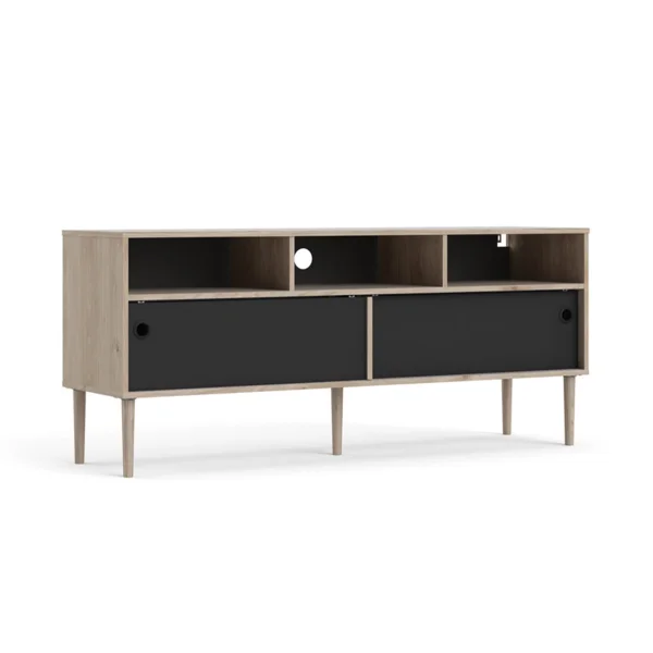 Penny TV Tisch 2 Schiebetüren und 3 Fächer Hickory-Dekor und matt schwarz.