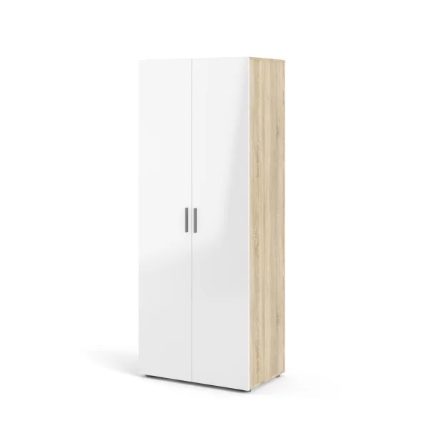 Petra Kleiderschrank 2 Türen Dekor Eiche Struktur und Weiß Hochglanz.