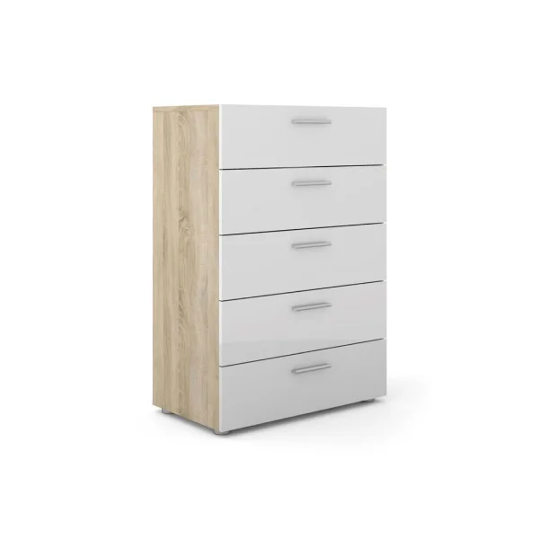 Petra Kommode 5 Schubladen Eiche Struktur Dekor und weiss Hochglanz.