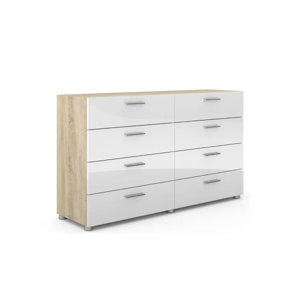Petra Kommode 8 Schubladen Eiche Struktur Dekor und weiss Hochglanz.