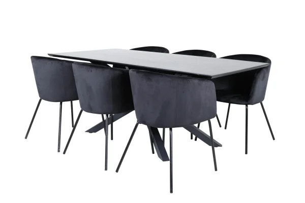 PiazzaBLBL Essgruppe Esstisch schwarz und 6 Berit Esszimmerstühle Velour schwarz.