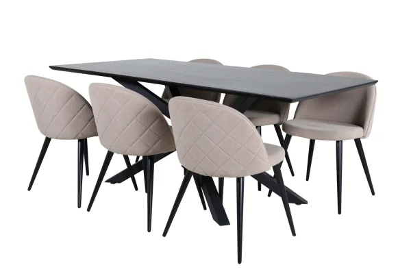 PiazzaBLBL Essgruppe Esstisch schwarz und 6 Velvet Stitches Esszimmerstühle beige.