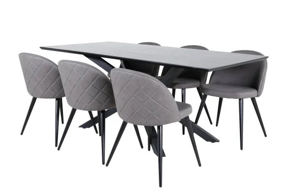 PiazzaBLBL Essgruppe Esstisch schwarz und 6 Velvet Stitches Esszimmerstühle grau.