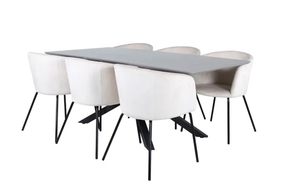 PiazzaGRBL Essgruppe Esstisch grau und 6 Berit Esszimmerstühle Velour beige.