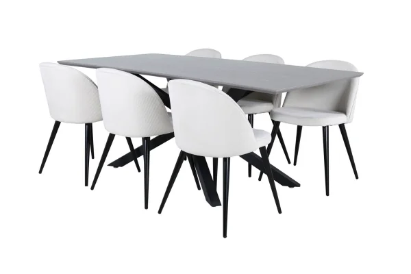 PiazzaGRBL Essgruppe Esstisch grau und 6 Velvet Esszimmerstühle Samt beige, schwarz.