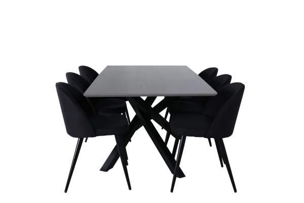 PiazzaGRBL Essgruppe Esstisch grau und 6 Velvet Esszimmerstühle schwarz.