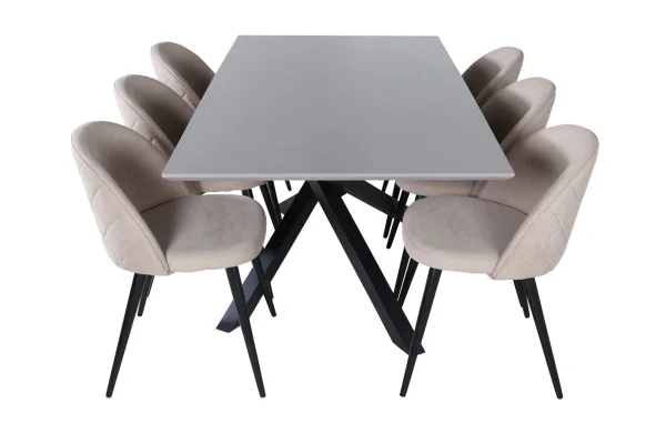 PiazzaGRBL Essgruppe Esstisch grau und 6 Velvet Stitches Esszimmerstühle beige.