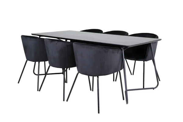 PippiBL Essgruppe Esstisch schwarz und 6 Berit Esszimmerstühle Velour schwarz.