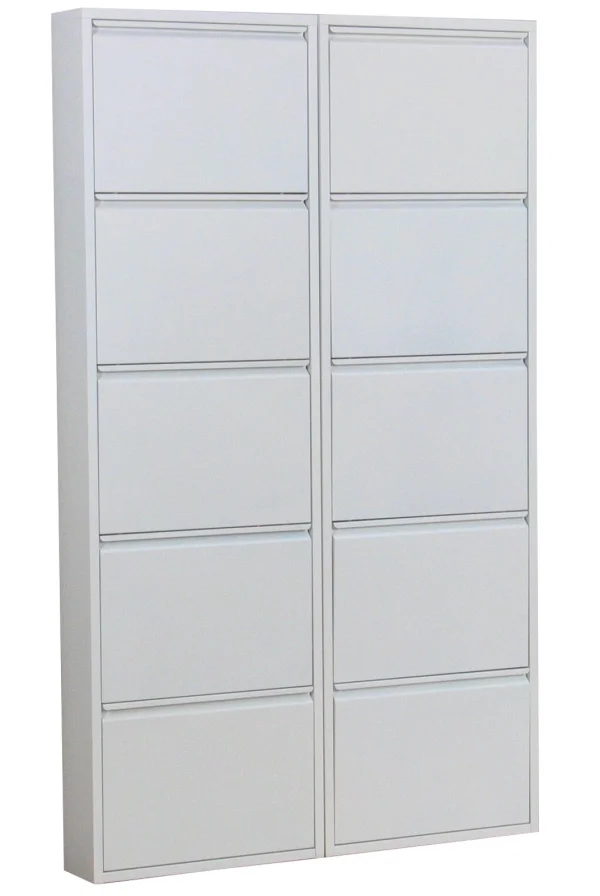 Pisa Schuhschrank mit 10 Klappen/ Türen in Metall weiss. Fertig montiert.
