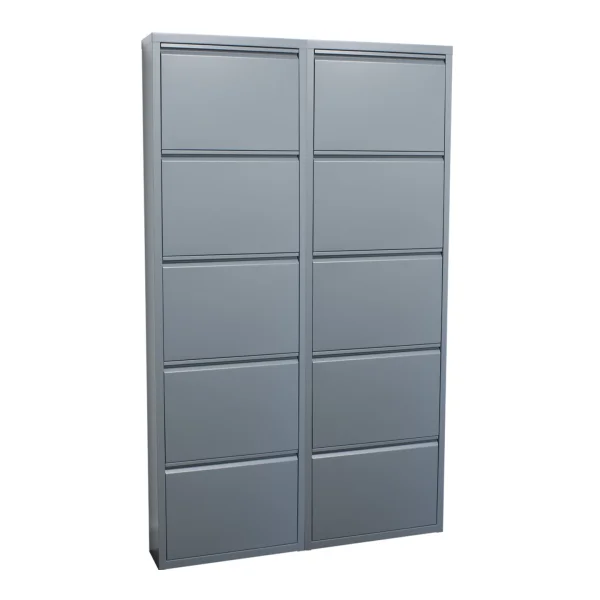 Pisa Schuhschrank mit 10 Klappen/Türen in Metall grau. Fertig montiert geliefert.