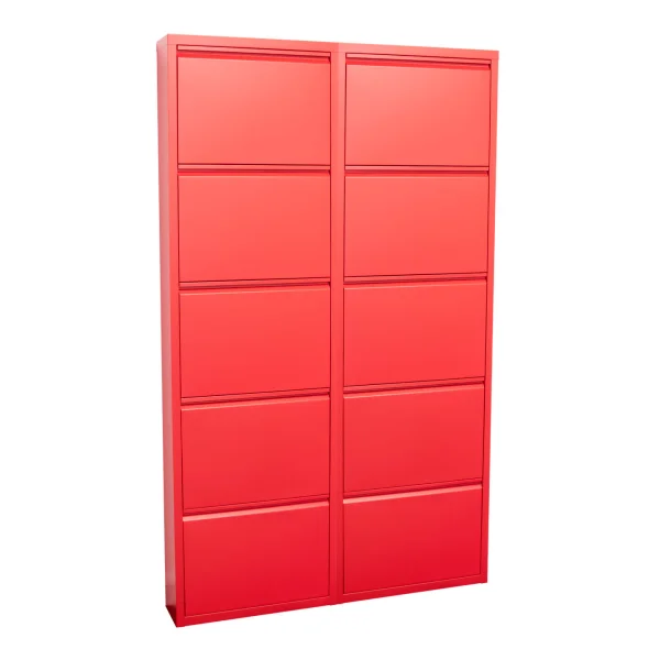 Pisa Schuhschrank mit 10 Klappen/Türen in Metall rot. Fertig montiert geliefert.