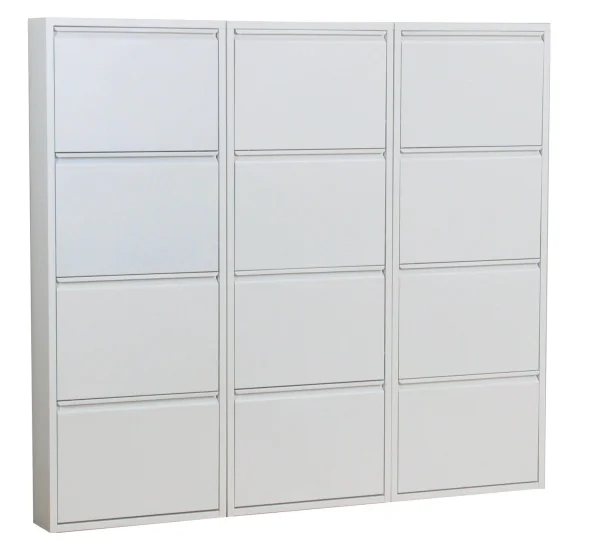 Pisa Schuhschrank mit 12 Klappen/ Türen in Metall weiss. Fertig montiert.