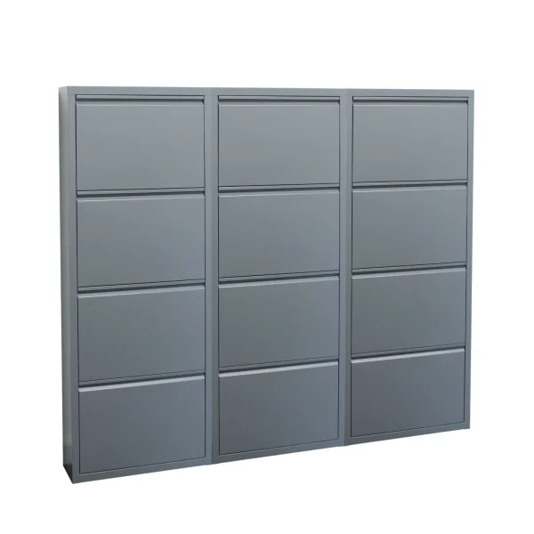 Pisa Schuhschrank mit 12 Klappen/Türen in Metall grau. Fertig montiert geliefert.