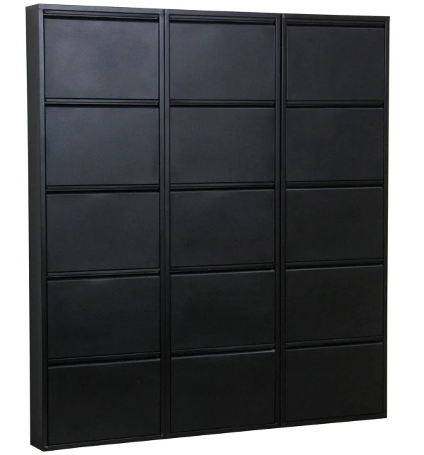 Pisa Schuhschrank mit 15 Klappen/ Türen in Metall schwarz. Fertig montiert.