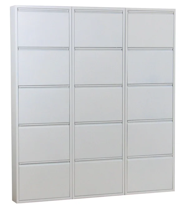 Pisa Schuhschrank mit 15 Klappen/ Türen in Metall weiss. Fertig montiert.