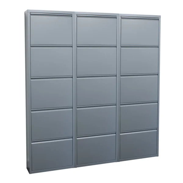 Pisa Schuhschrank mit 15 Klappen/Türen in Metall grau. Fertig montiert geliefert.
