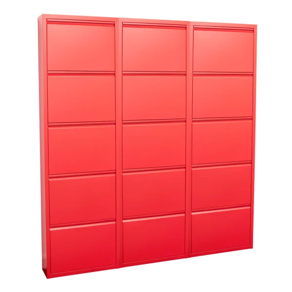 Pisa Schuhschrank mit 15 Klappen/Türen in Metall rot. Fertig montiert geliefert.