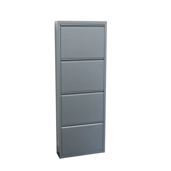 Pisa Schuhschrank mit 4 Klappen/Türen in Metall grau. Fertig montiert geliefert.