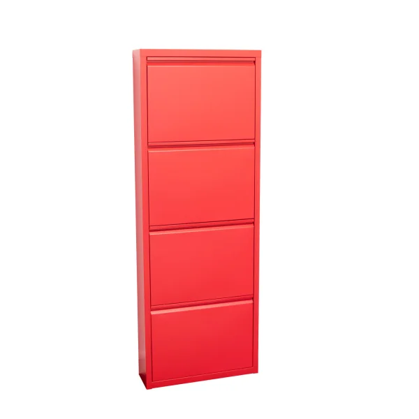 Pisa Schuhschrank mit 4 Klappen/Türen in Metall rot. Fertig montiert geliefert.