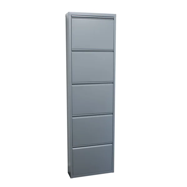 Pisa Schuhschrank mit 5 Klappen/Türen in Metall grau. Fertig montiert geliefert.