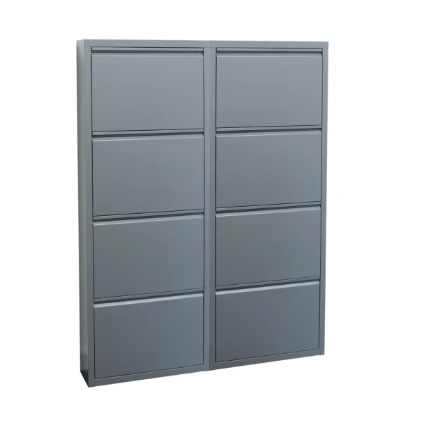 Pisa Schuhschrank mit 8 Klappen/Türen in Metall grau. Fertig montiert geliefert.
