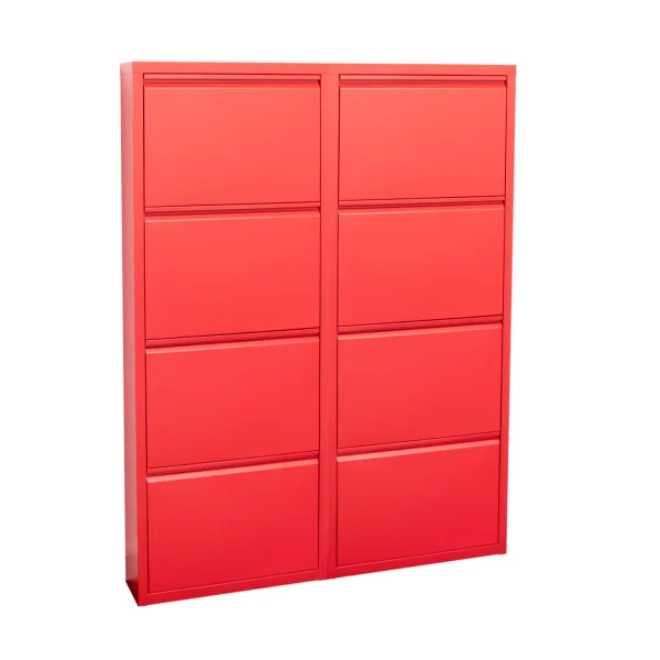 Pisa Schuhschrank mit 8 Klappen/Türen in Metall rot. Fertig montiert geliefert.