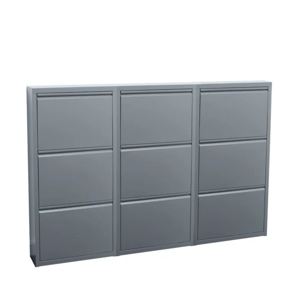 Pisa Schuhschrank mit 9 Klappen/Türen in Metall grau. Fertig montiert geliefert.