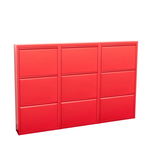 Pisa Schuhschrank mit 9 Klappen/Türen in Metall rot. Fertig montiert geliefert.