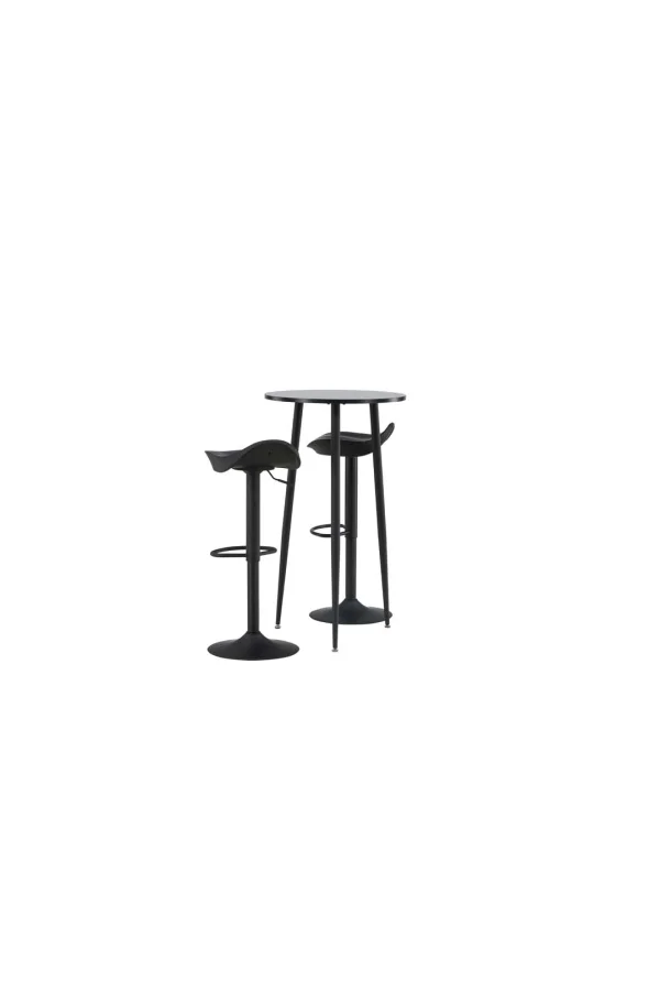 Plaza Barmöbelsett Bartisch schwarz und 2 Adesto Barhocker schwarz.