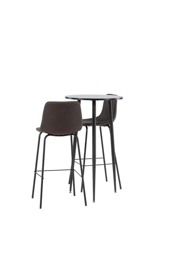 Plaza Barmöbelsett Bartisch schwarz und 2 Alexi Barhocker braun.