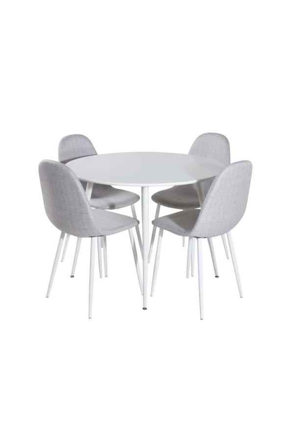Plaza Essgruppe Tisch weiß und 4 Polar Stühle grau.