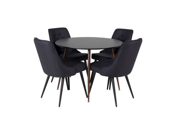 PlazaBLWA100 Essgruppe Esstisch schwarz und 4 Velvet Deluxe Esszimmerstühle schwarz.