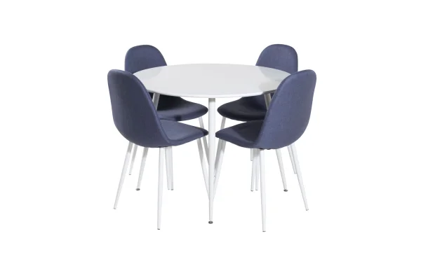 PlazaWHWH100 Essgruppe Esstisch weiß und 4 Polar Esszimmerstühle blau, weiß.