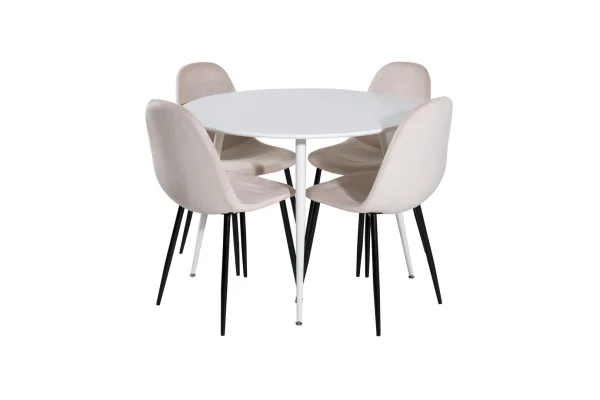 PlazaWHWH100 Essgruppe Esstisch weiß und 4 Polar Esszimmerstühle Velour beige.