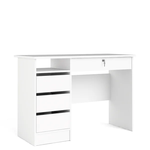 Plus Schreibtisch mit 1 Regal, 3 kleinen Schubladen und 1 großen Schublade mit Schlüssel, weiß.