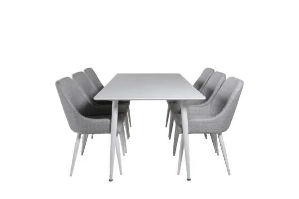 Polar180X90WHWH Essgruppe Esstisch weiß und 6 Plaza Esszimmerstühle grau, weiß.
