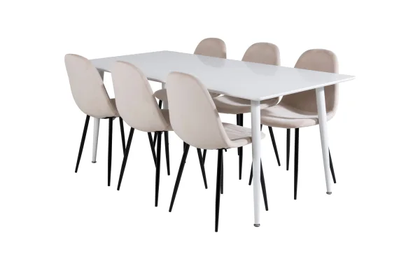 Polar180X90WHWH Essgruppe Esstisch weiß und 6 Polar Esszimmerstühle Velour beige.