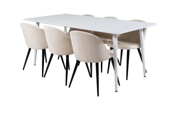 Polar180X90WHWH Essgruppe Esstisch weiß und 6 Velvet Esszimmerstühle Velour beige, schwarz.