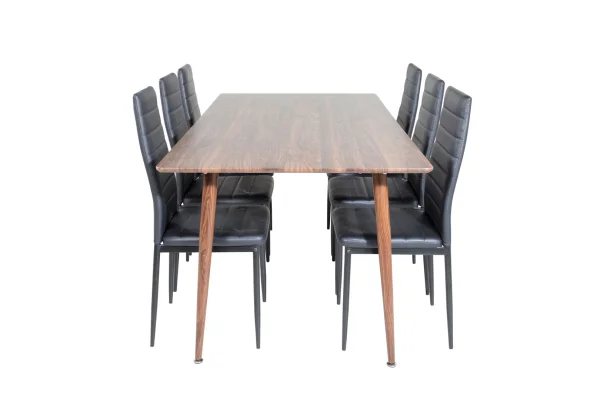 Polar180X90WNWN Essgruppe Esstisch Nussbaum dekor und 6 Slim High Back Esszimmerstühle PU Kunstleder schwarz.