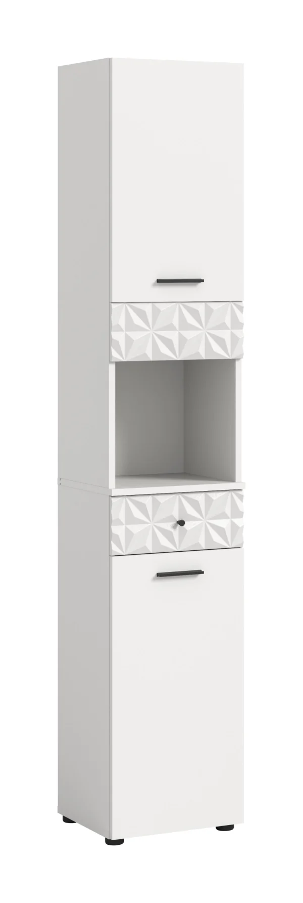 Prisma Hochschrank Bad 2 Türen, 1 Schublade, 1 Regal Weiß.