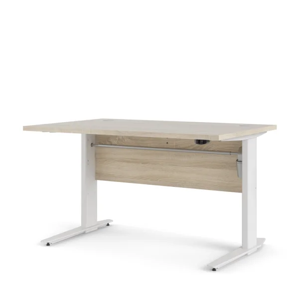 Prisme Schreibtisch elektrische Hebe-Senk-Funktion Eiche Strukturdekor und Weiß.