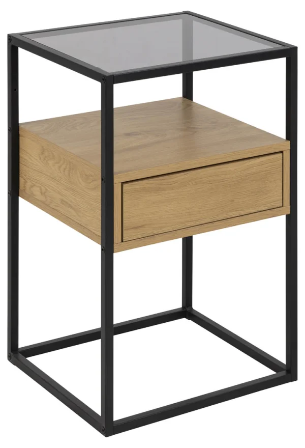Randolf Nachttisch 1 Ablage, 1 Schublade, Glas rauchfarbenen, wild Eiche dekor.